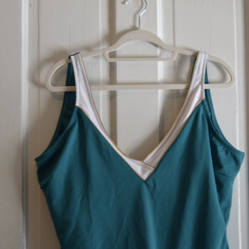 CEEB Retro Blue, White and Gold V Neck Thick Strap One Piece Swimsuit Size 24W - Picture 4 of 9